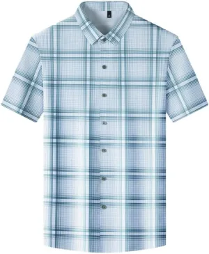 Men's Silk Shirt Fashion Summer Short Sleeve Striped Patchwork Poplin Dress Shirts for Men Soft
