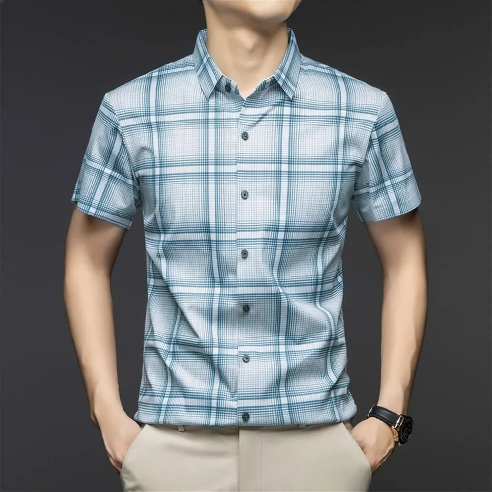 Men's Silk Shirt Fashion Summer Short Sleeve Striped Patchwork Poplin Dress Shirts for Men Soft