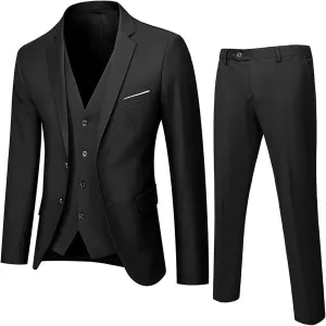 Men's Slim Fit 3 Piece Suit One Button Solid Jacket Vest Pants Set Slim Fit Suit with Stretch Fabric Solid Blazer Jacket