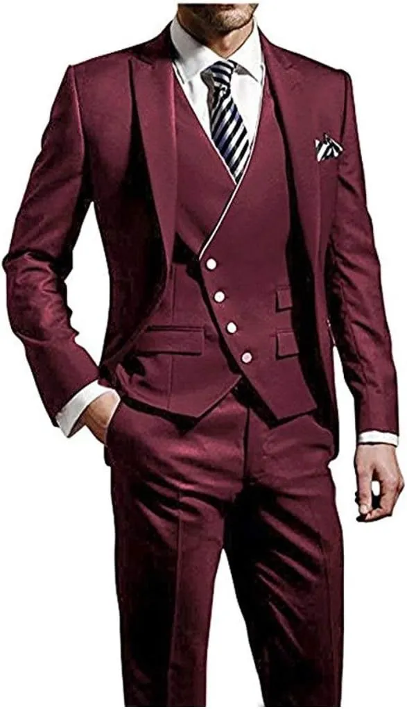 Men's Slim Fit Peak Lapel Suits 3 Pieces Wedding Suits for Men Groom Tuexdos