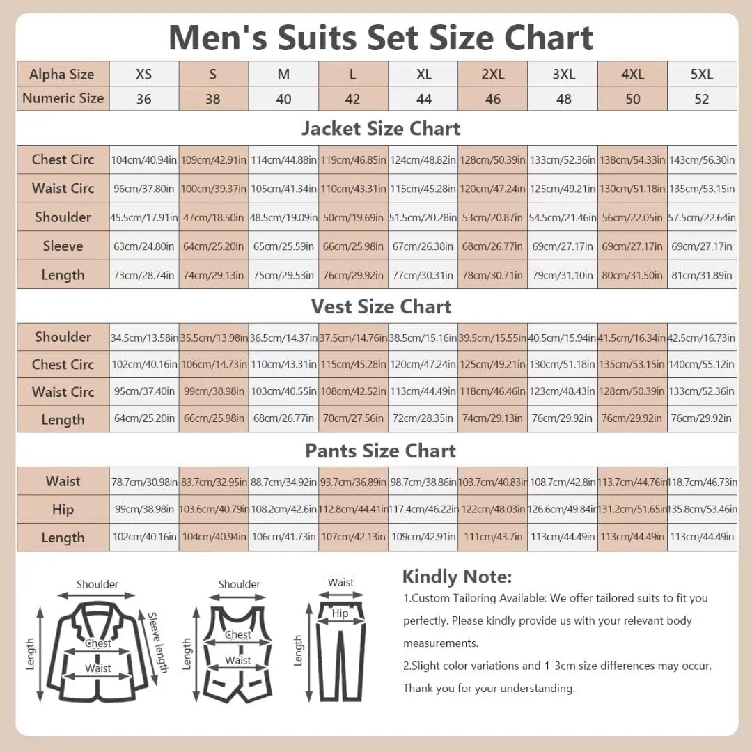 Mens Slim Fit Suits 3 Piece One Button Formal Dress Suits Wedding Groomsmen Prom Tuxedo Suits Blazer Pants Vest Set