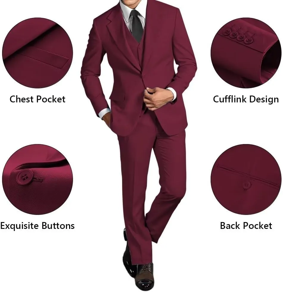 Mens Slim Fit Suits 3 Piece One Button Formal Dress Suits Wedding Groomsmen Prom Tuxedo Suits Blazer Pants Vest Set
