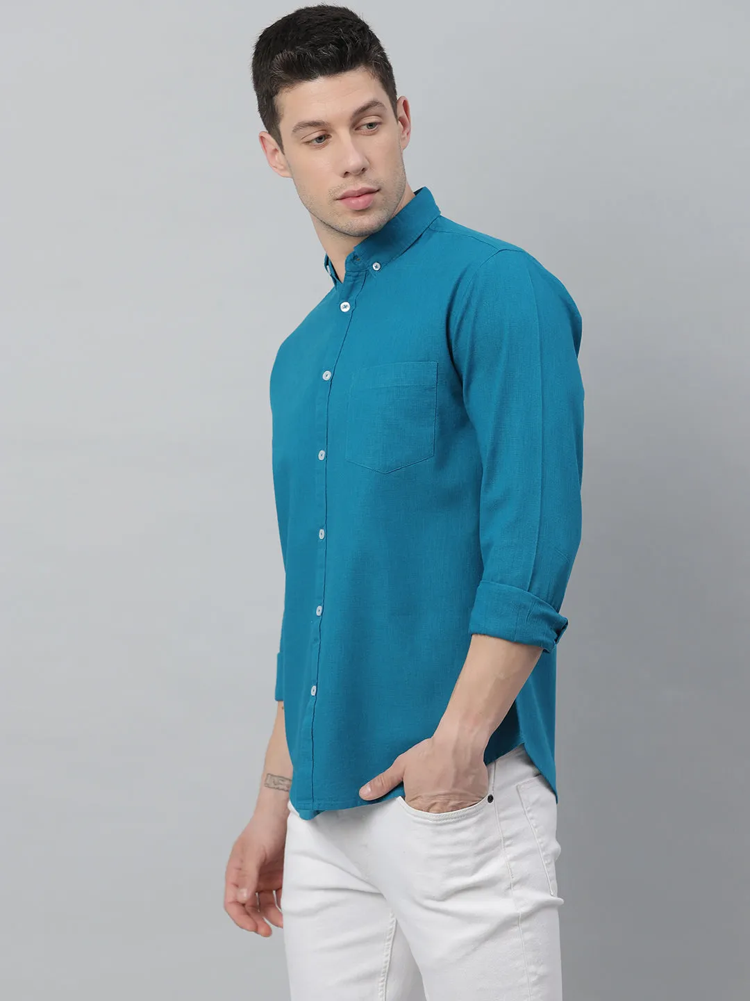 Men's Solid Button Down Collar Casual Shirt (Blue)
