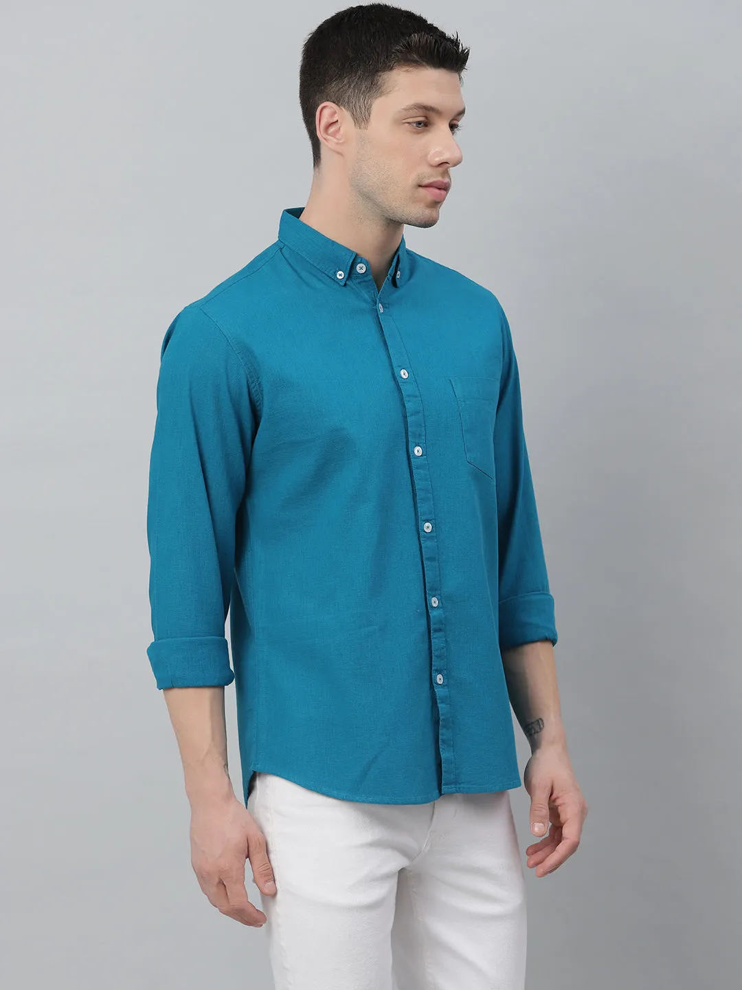 Men's Solid Button Down Collar Casual Shirt (Blue)
