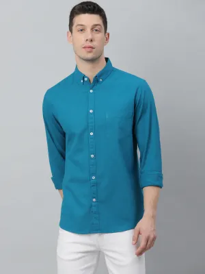 Men's Solid Button Down Collar Casual Shirt (Blue)