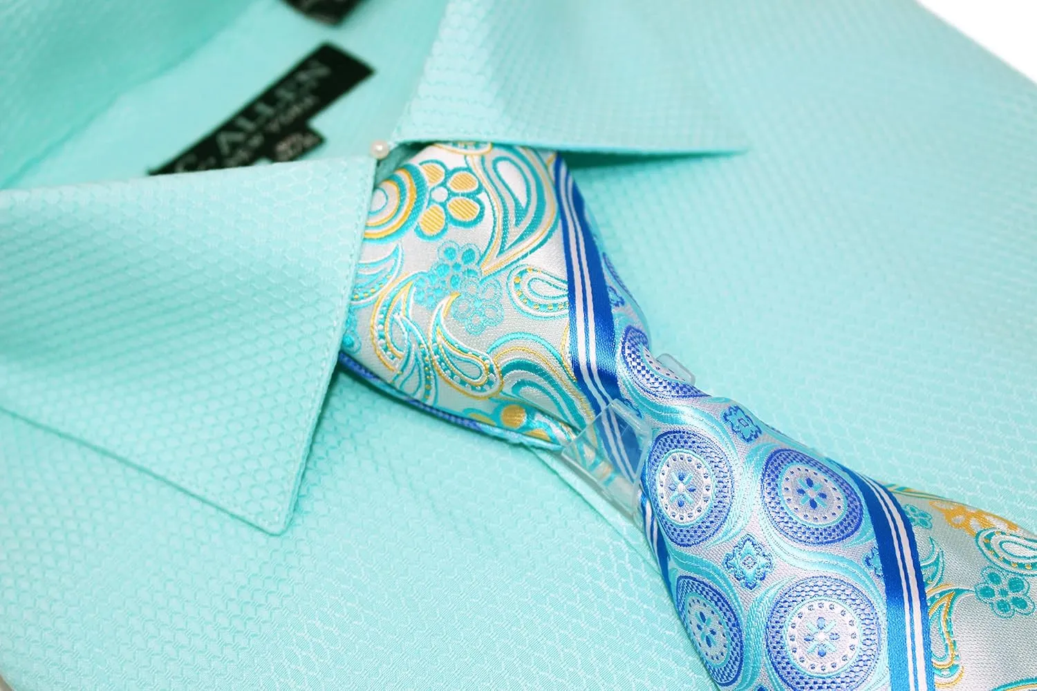 Men's Solid Micro Pattern Regular Fit Dress Shirts with Tie Hanky Cufflinks French Cuffs Combo