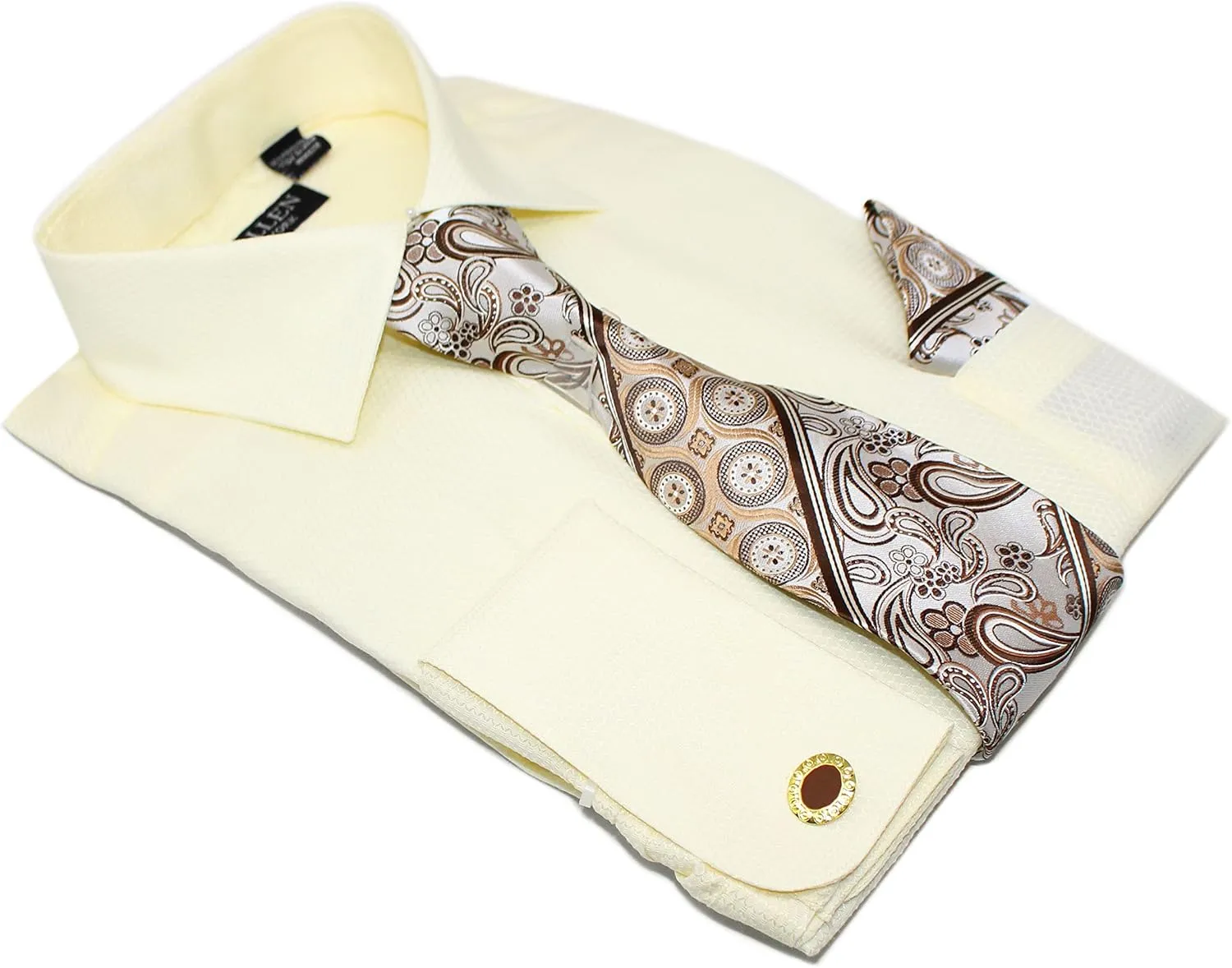 Men's Solid Micro Pattern Regular Fit Dress Shirts with Tie Hanky Cufflinks French Cuffs Combo