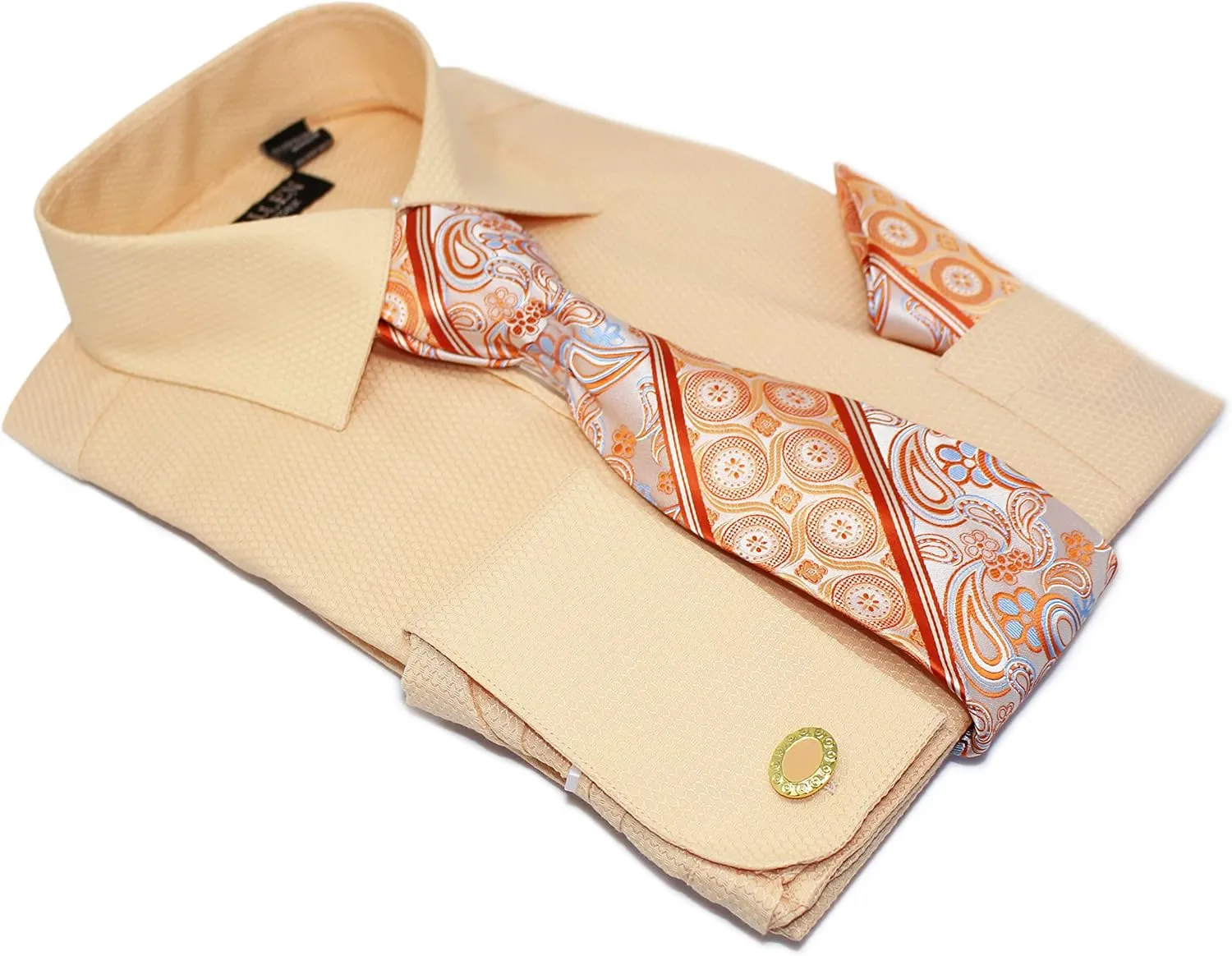 Men's Solid Micro Pattern Regular Fit Dress Shirts with Tie Hanky Cufflinks French Cuffs Combo