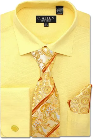 Men's Solid Micro Pattern Regular Fit Dress Shirts with Tie Hanky Cufflinks French Cuffs Combo