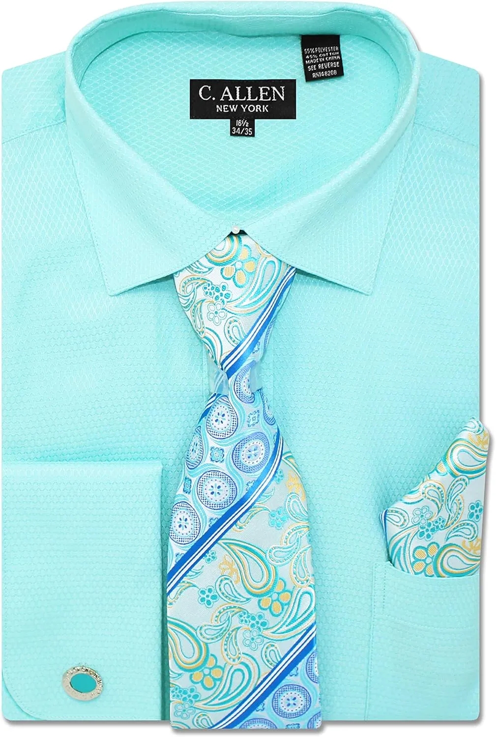 Men's Solid Micro Pattern Regular Fit Dress Shirts with Tie Hanky Cufflinks French Cuffs Combo
