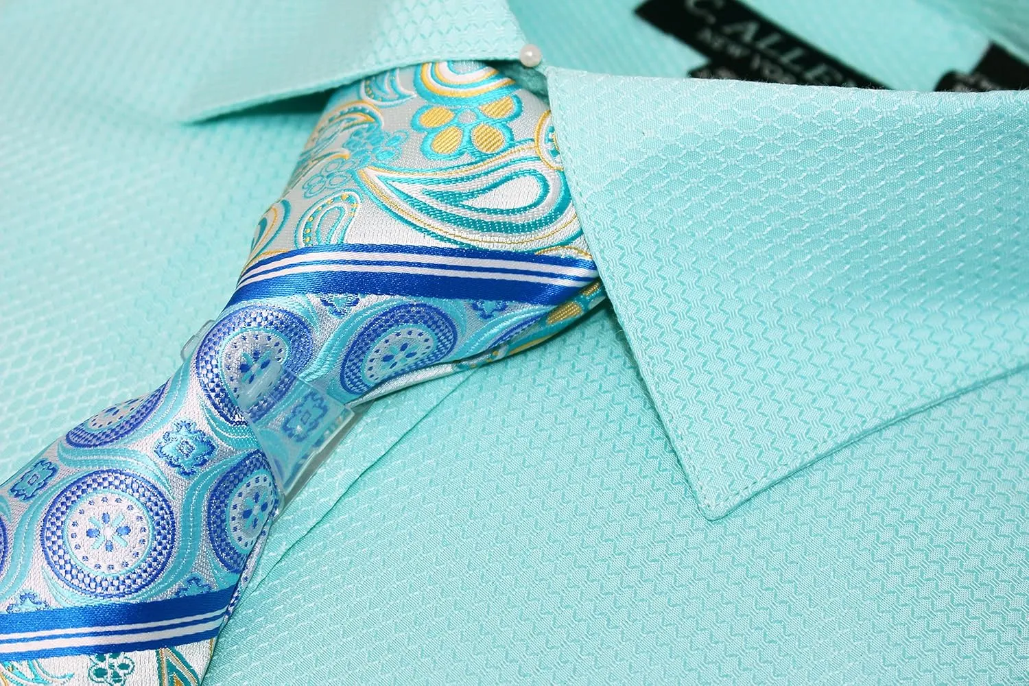 Men's Solid Micro Pattern Regular Fit Dress Shirts with Tie Hanky Cufflinks French Cuffs Combo