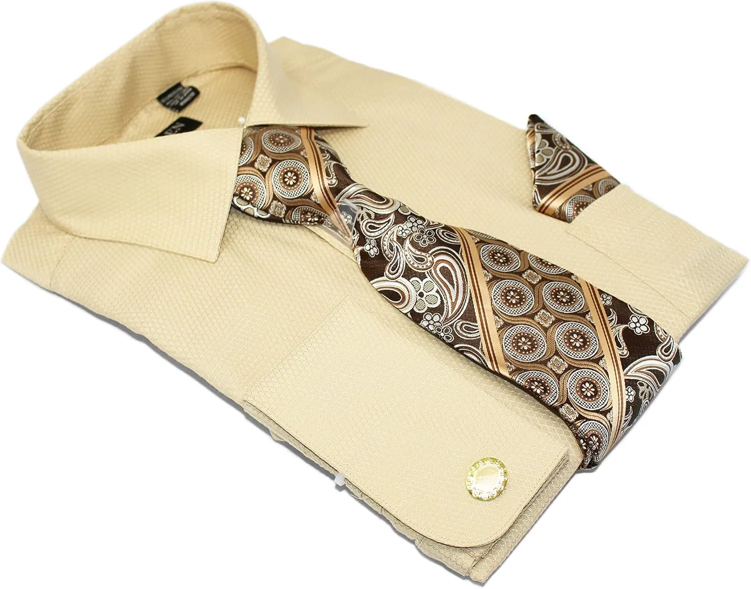 Men's Solid Micro Pattern Regular Fit Dress Shirts with Tie Hanky Cufflinks French Cuffs Combo