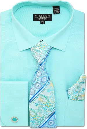 Men's Solid Micro Pattern Regular Fit Dress Shirts with Tie Hanky Cufflinks French Cuffs Combo