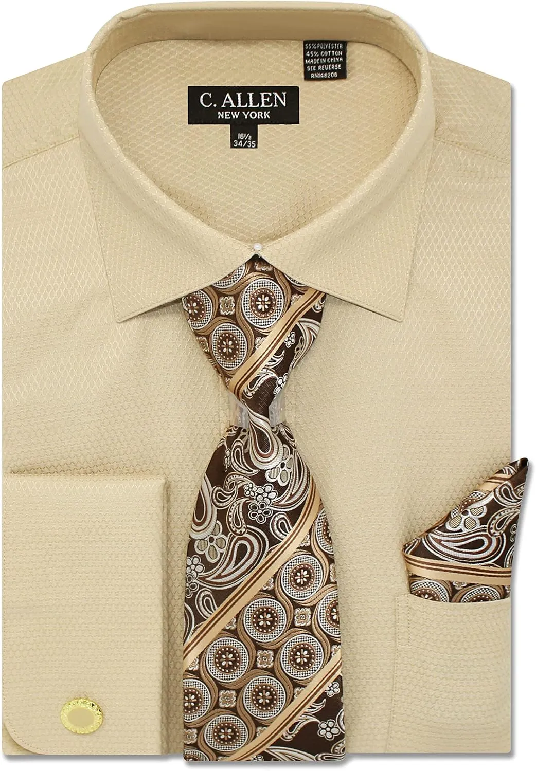 Men's Solid Micro Pattern Regular Fit Dress Shirts with Tie Hanky Cufflinks French Cuffs Combo