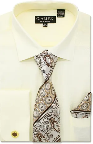 Men's Solid Micro Pattern Regular Fit Dress Shirts with Tie Hanky Cufflinks French Cuffs Combo