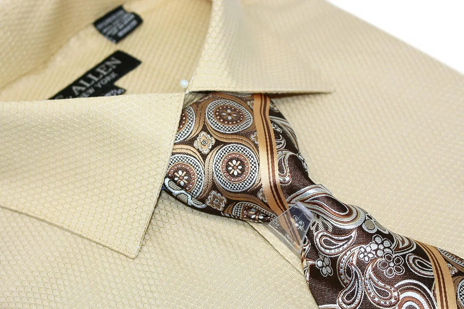 Men's Solid Micro Pattern Regular Fit Dress Shirts with Tie Hanky Cufflinks French Cuffs Combo