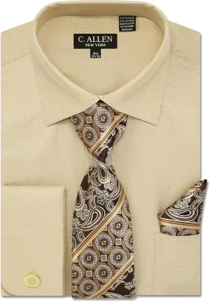 Men's Solid Micro Pattern Regular Fit Dress Shirts with Tie Hanky Cufflinks French Cuffs Combo