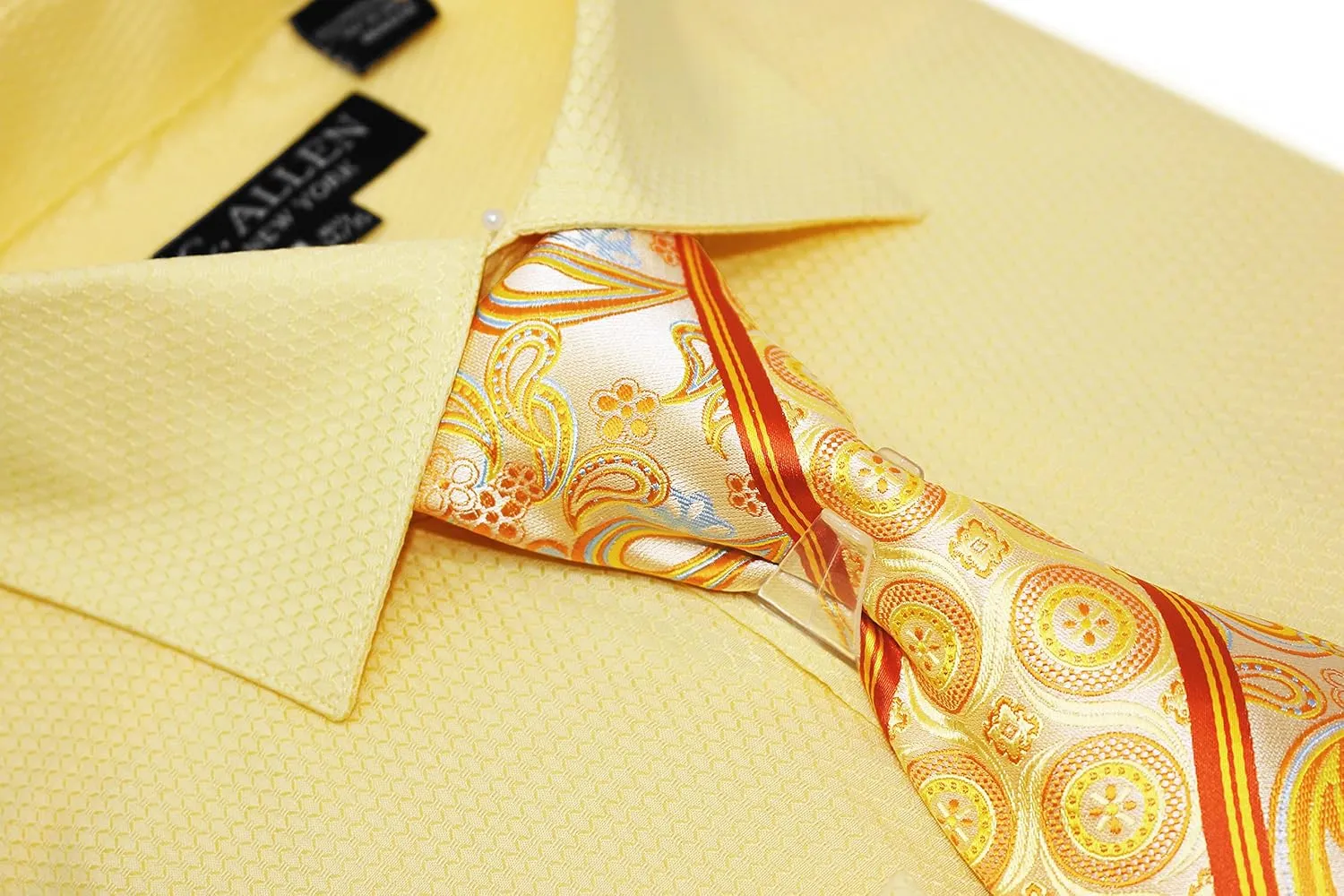 Men's Solid Micro Pattern Regular Fit Dress Shirts with Tie Hanky Cufflinks French Cuffs Combo