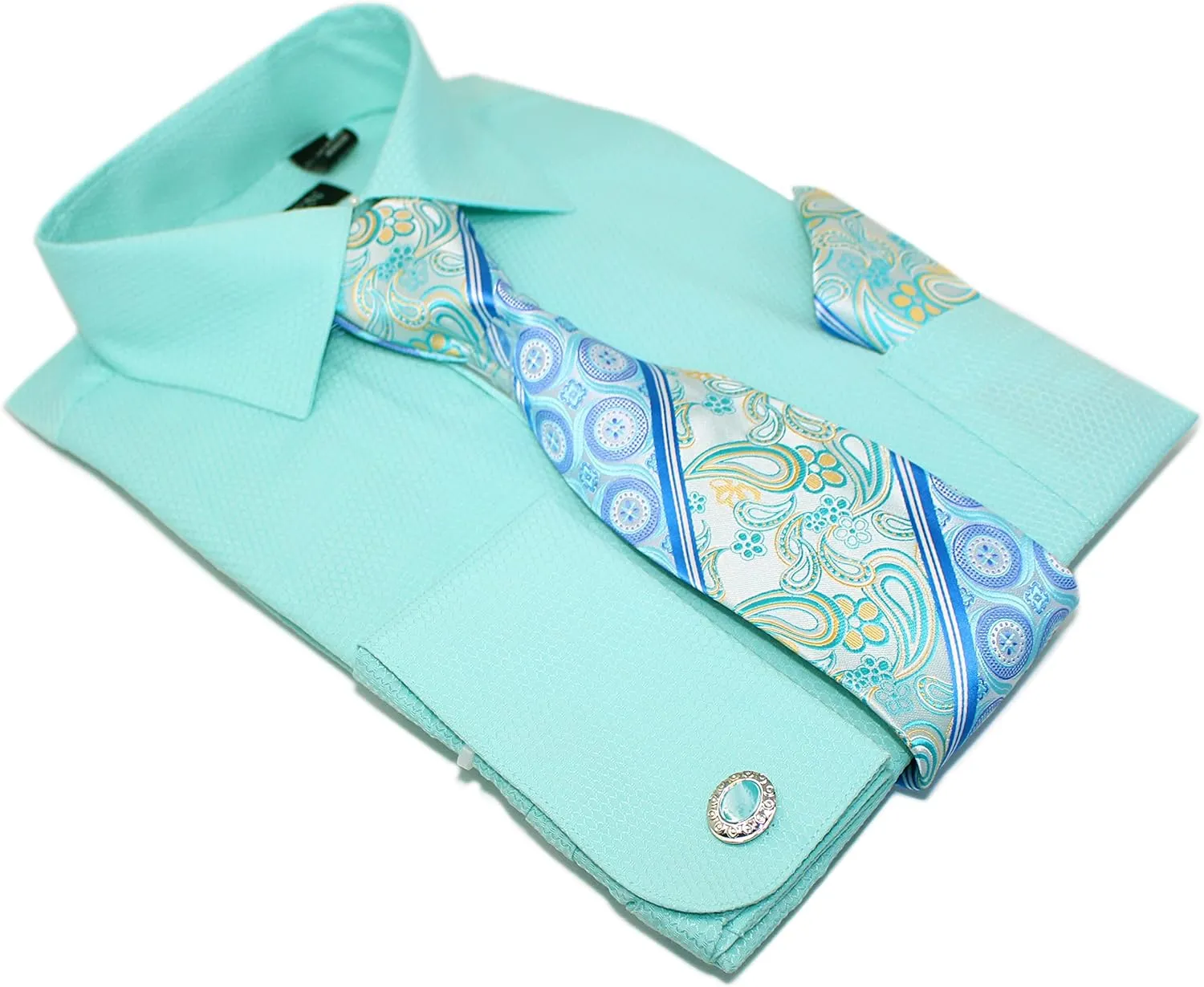 Men's Solid Micro Pattern Regular Fit Dress Shirts with Tie Hanky Cufflinks French Cuffs Combo