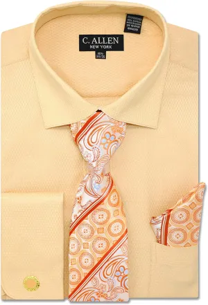 Men's Solid Micro Pattern Regular Fit Dress Shirts with Tie Hanky Cufflinks French Cuffs Combo