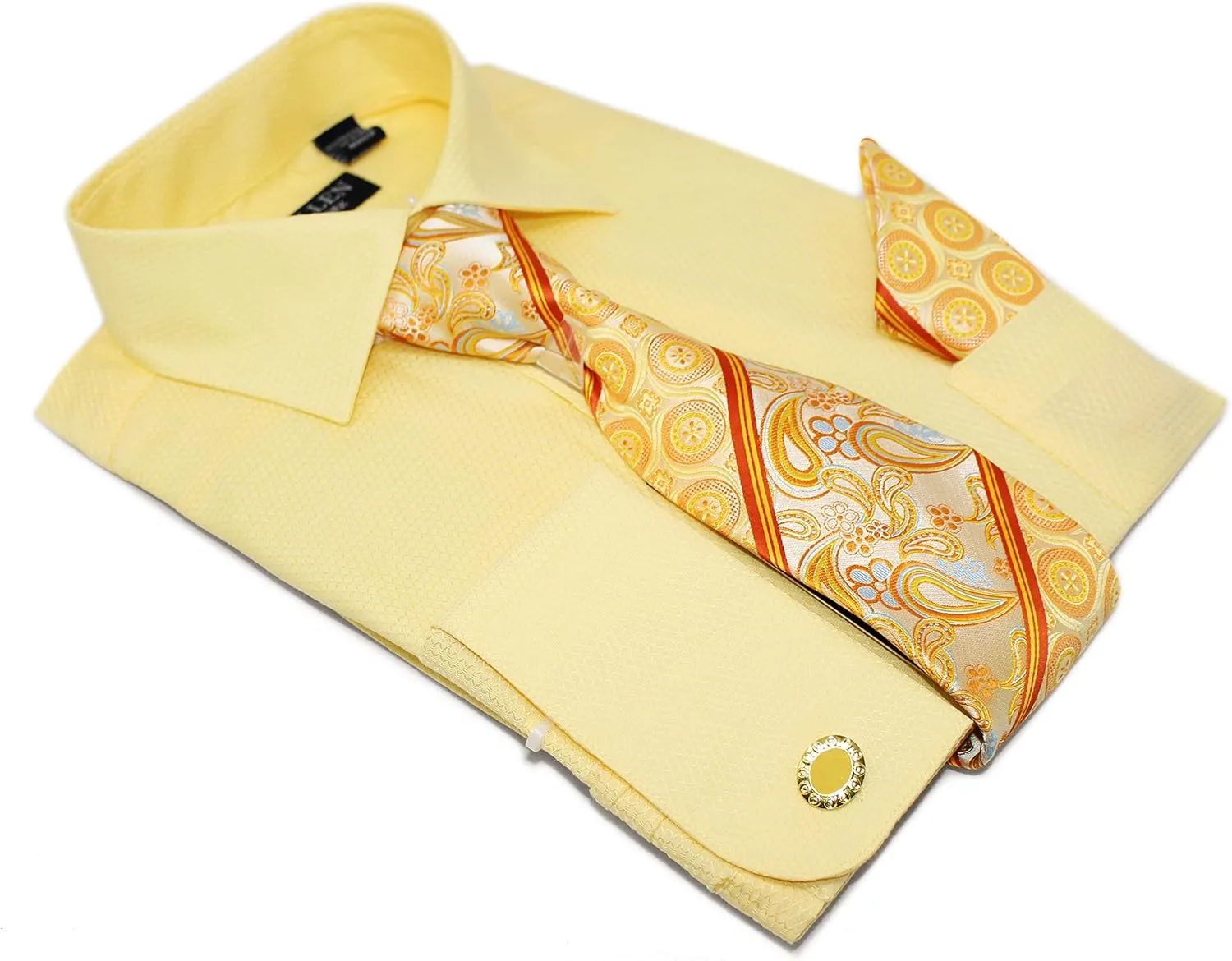 Men's Solid Micro Pattern Regular Fit Dress Shirts with Tie Hanky Cufflinks French Cuffs Combo