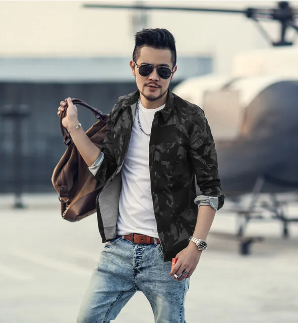 Men's Spring Vintage Denim Casual Camouflage Shirt