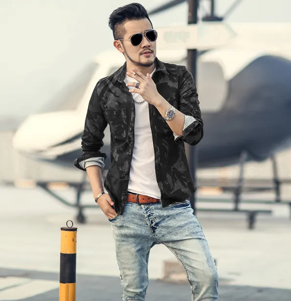 Men's Spring Vintage Denim Casual Camouflage Shirt