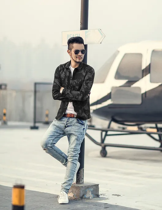 Men's Spring Vintage Denim Casual Camouflage Shirt