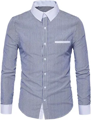 Mens Stretch Vertical Striped Button Down Dress Shirts Long Sleeve Comfort Slim Fit Business Work Office Shirts
