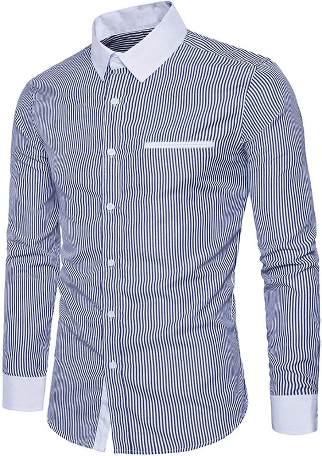Mens Stretch Vertical Striped Button Down Dress Shirts Long Sleeve Comfort Slim Fit Business Work Office Shirts