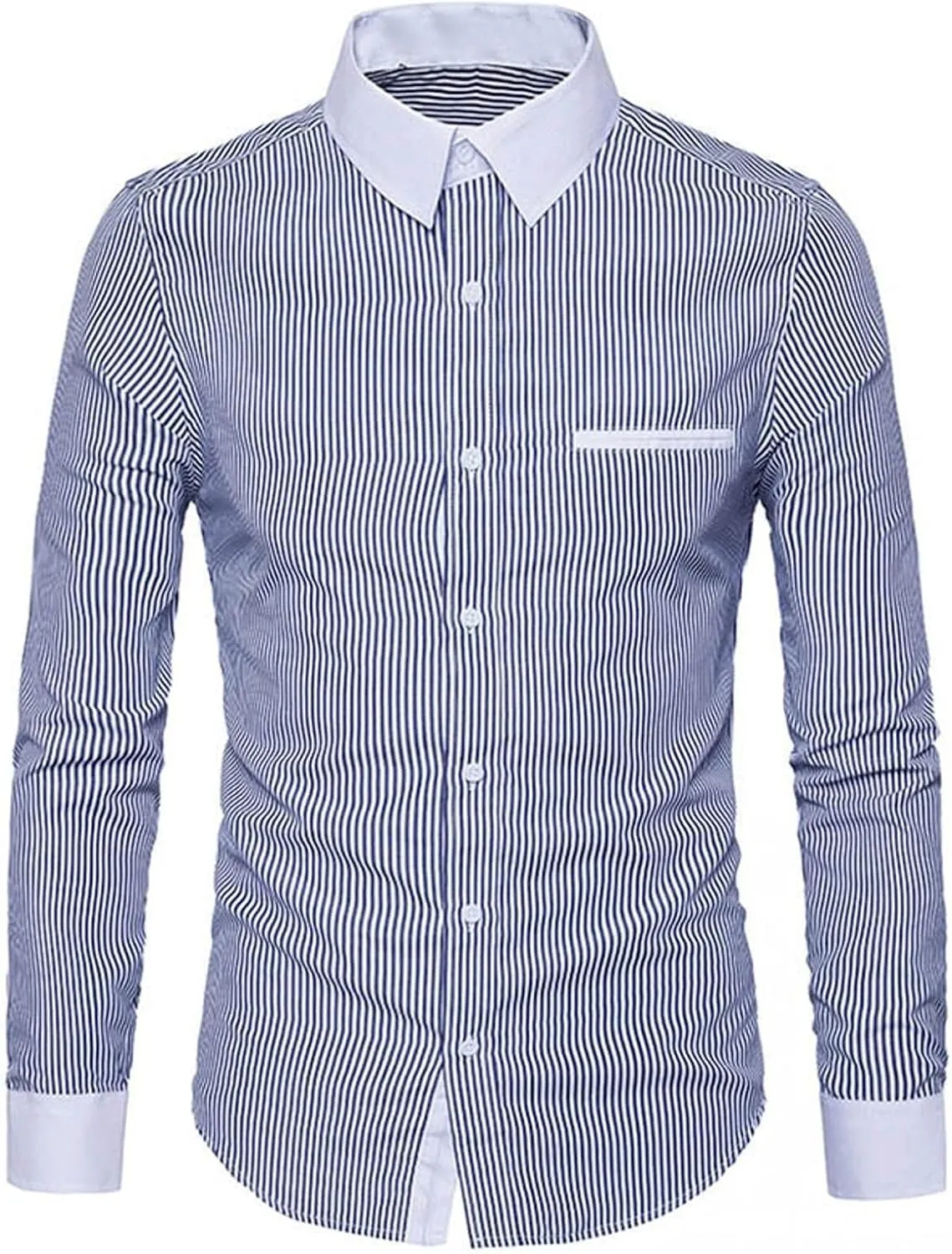Mens Stretch Vertical Striped Button Down Dress Shirts Long Sleeve Comfort Slim Fit Business Work Office Shirts
