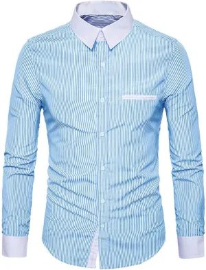Mens Stretch Vertical Striped Button Down Dress Shirts Long Sleeve Comfort Slim Fit Business Work Office Shirts