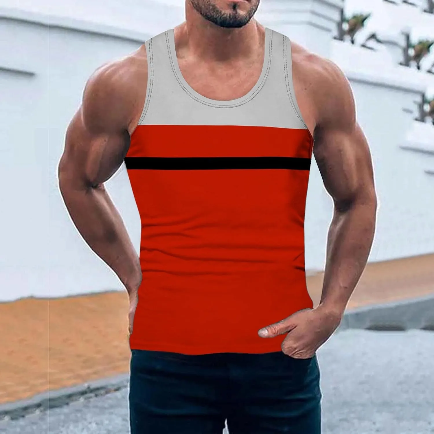 Men's Striped Patchwork Print Racerback Vest Sleeveless Casual Athletic Summer Beach Tank Top Workout Gym Running Sport Shirt