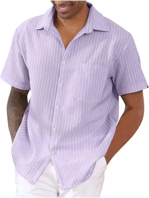Men's Striped Shirt Short Sleeve Summer Beach Hawaiian Vacation Top Button Down Pocket Tropical Resort Party Cruise Wear