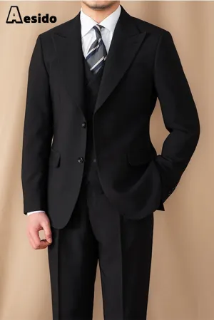 Men's Suit 3 Piece Black Business Casual Peak Lapel Jacket (Blazer Vest Pants)