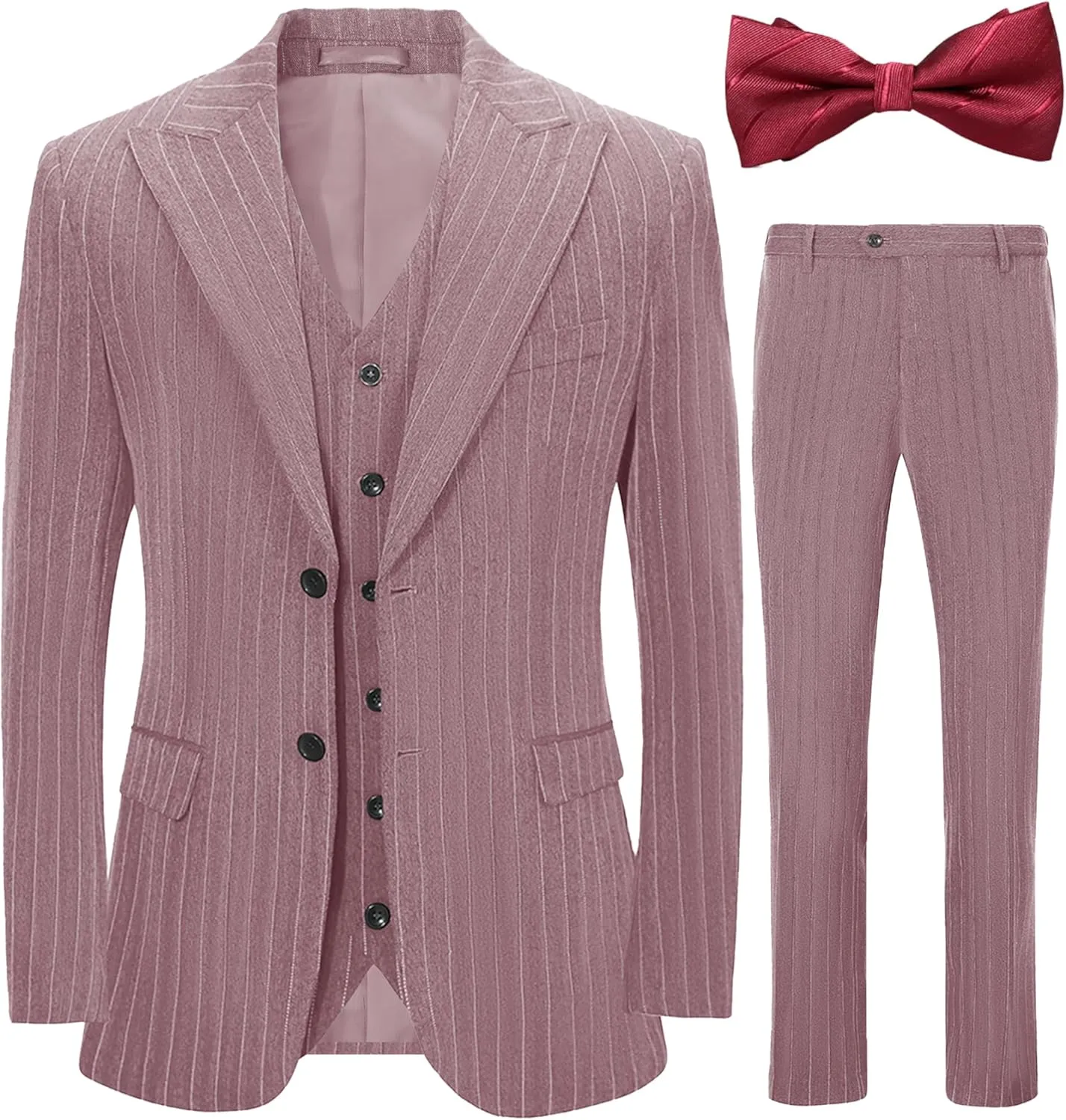 Mens Suit Slim Fit Tuxedo Blazer Vest Pants 3 Pieces Sets Bow Tie Pink Stripe Peaked Lapel Prom Party Wedding Dinner Size XS