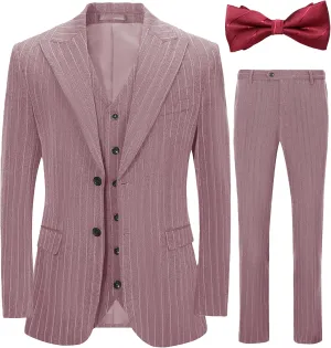 Mens Suit Slim Fit Tuxedo Blazer Vest Pants 3 Pieces Sets Bow Tie Pink Stripe Peaked Lapel Prom Party Wedding Dinner Size XS