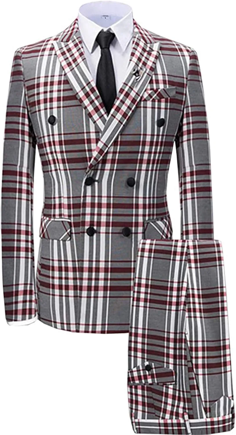 Men's Suits 3 Piece Slim Fit Formal Plaid Suits for Men Double Breasted Wedding Tuxedos Suit