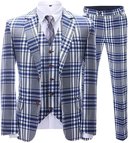 Men's Suits 3 Piece Slim Fit Formal Plaid Suits for Men Double Breasted Wedding Tuxedos Suit