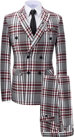 Men's Suits 3 Piece Slim Fit Formal Plaid Suits for Men Double Breasted Wedding Tuxedos Suit