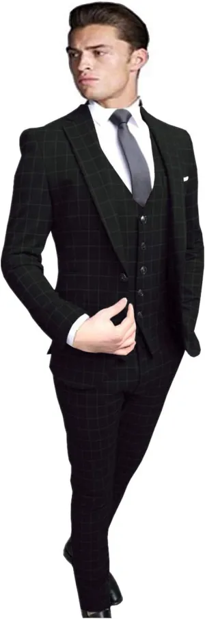 Men's Suits Custom Made 3 Piece Wedding/Business Tuxedos Checked Notch Lapel Slim Fit Formal Suits Black