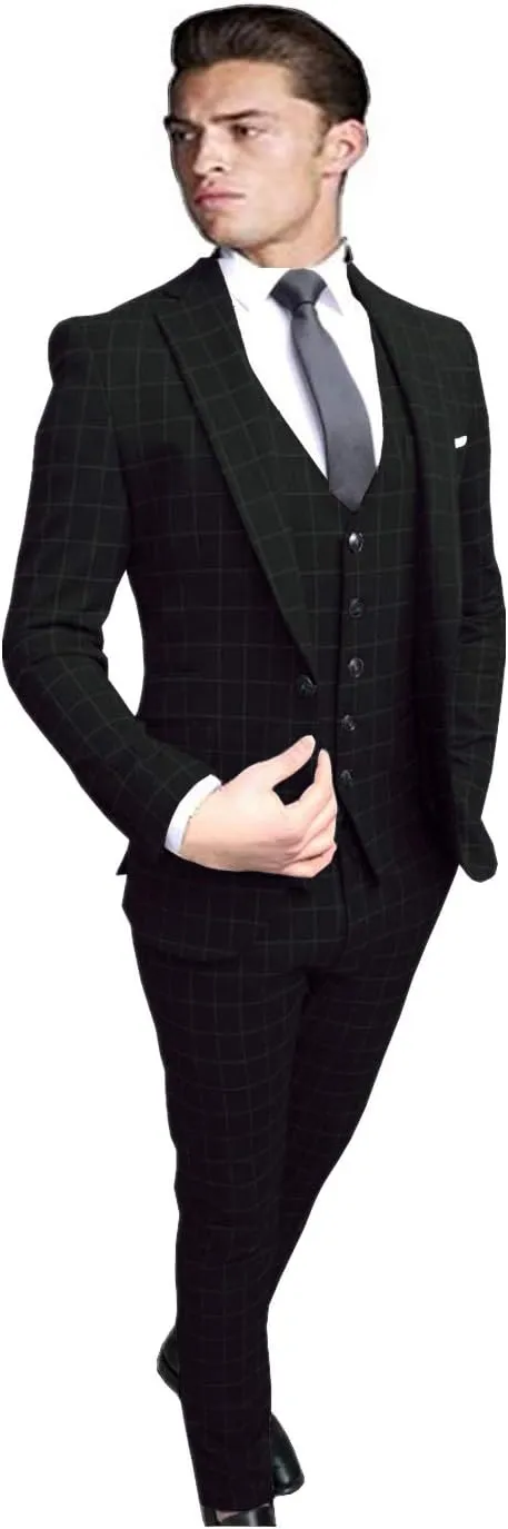 Men's Suits Custom Made 3 Piece Wedding/Business Tuxedos Checked Notch Lapel Slim Fit Formal Suits Black
