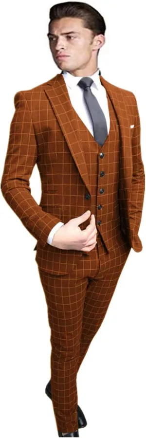 Men's Suits Custom Made 3 Piece Wedding/Business Tuxedos Checked Notch Lapel Slim Fit Formal Suits Brown