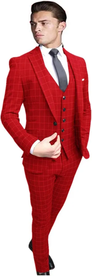 Men's Suits Custom Made 3 Piece Wedding/Business Tuxedos Checked Notch Lapel Slim Fit Formal Suits Red