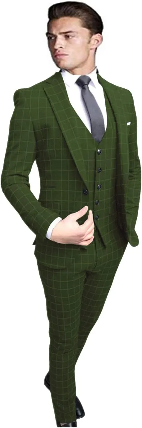 Men's Suits Custom Made 3 Piece Wedding/Business Tuxedos Checked Notch Lapel Slim Fit Formal Suits