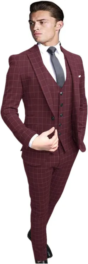 Men's Suits Custom Made 3 Piece Wedding/Business Tuxedos Checked Notch Lapel Slim Fit Formal Suits