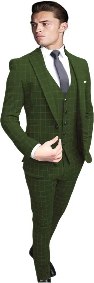 Men's Suits Custom Made 3 Piece Wedding/Business Tuxedos Checked Notch Lapel Slim Fit Formal Suits