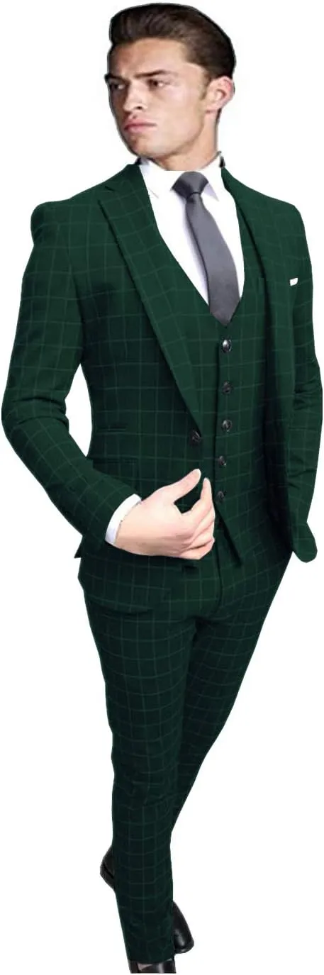 Men's Suits Custom Made 3 Piece Wedding/Business Tuxedos Checked Notch Lapel Slim Fit Formal Suits