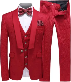 Men's Suits Slim Fit 3 Pieces Jacquard Wedding Dinner Tuxedo Formal Suits Jacket & Pants Red