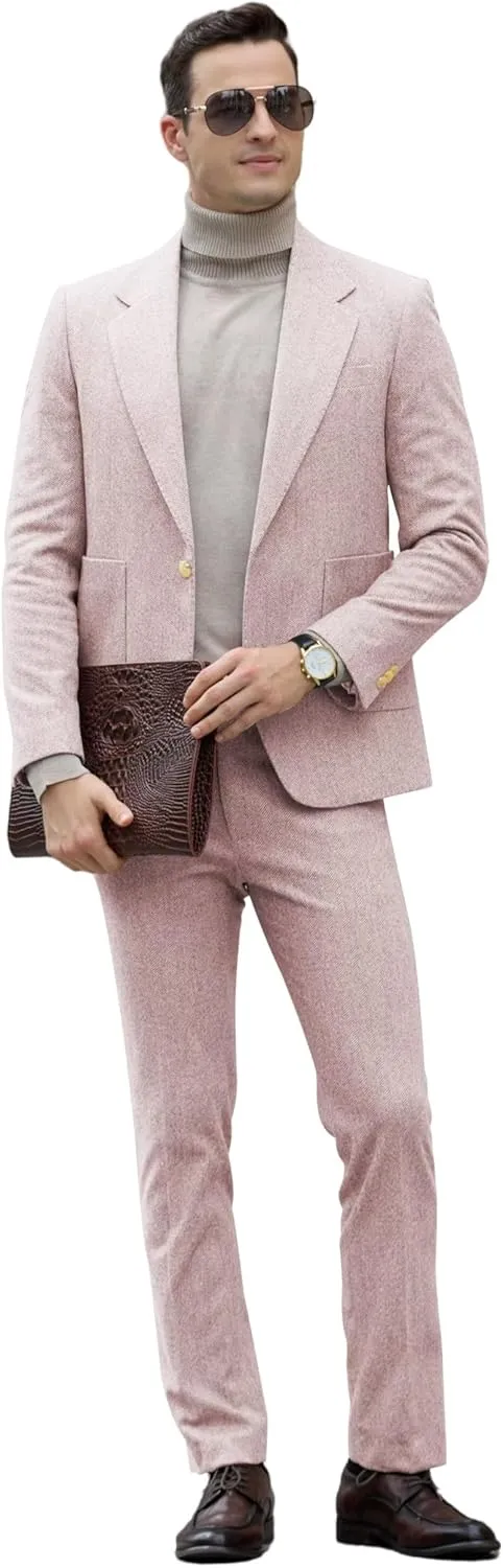 Men's Suits Slim Fit Herringbone Tweed Suits for Men 2 Piece Wedding Prom Suit Jacket Pants Wool Blend Tuxedo Set